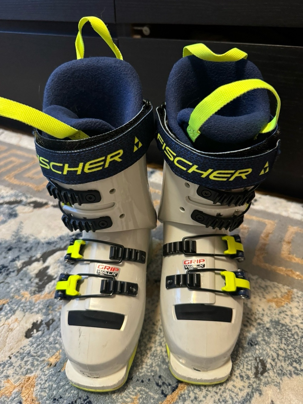 Kids Fischer neon White Ski Boots with Yellow Soles 195